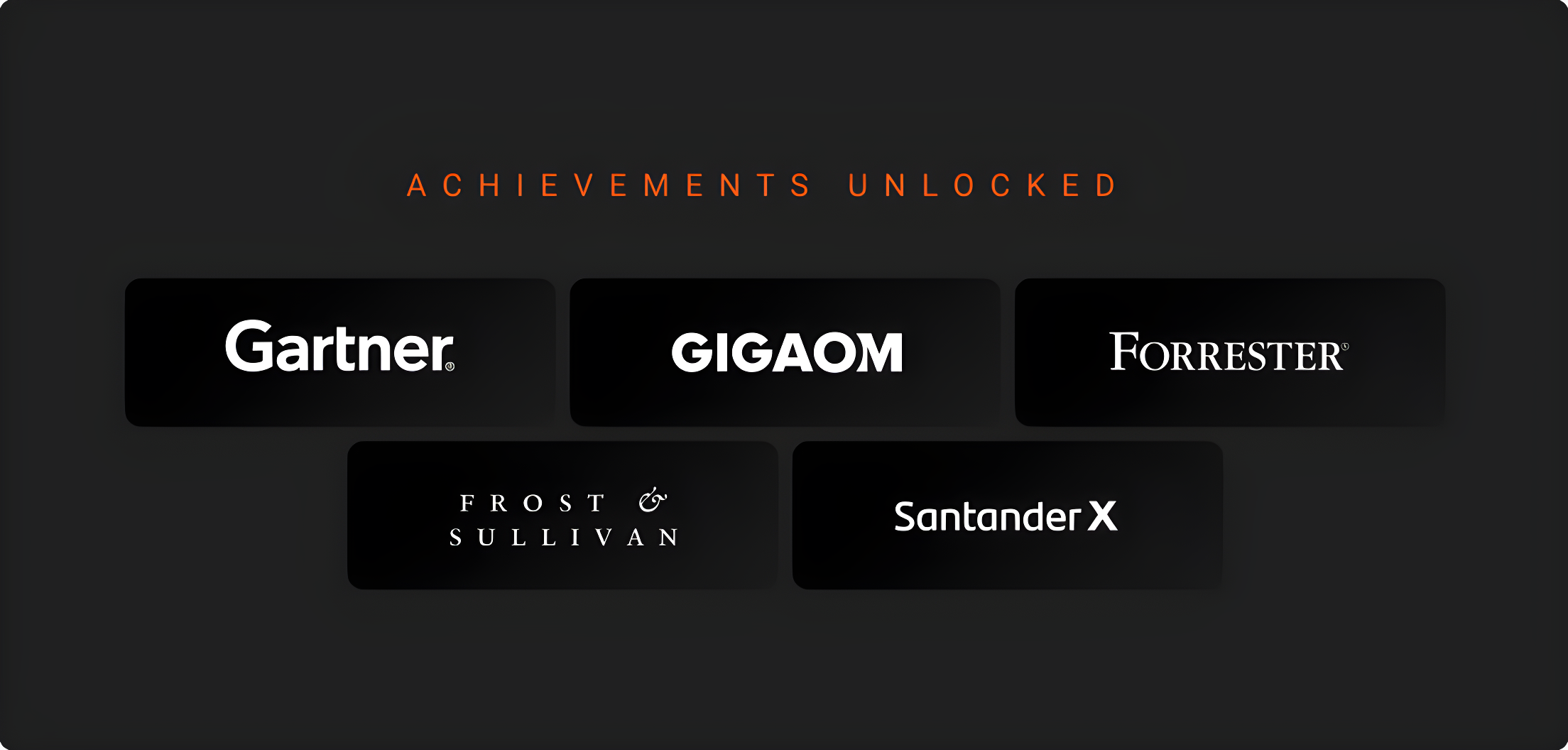 The image contains the logos of five international entities that awarded Azion throughout 2023: Gartner, GigaOm, Forrester, Frost & Sullivan, and Santander X.